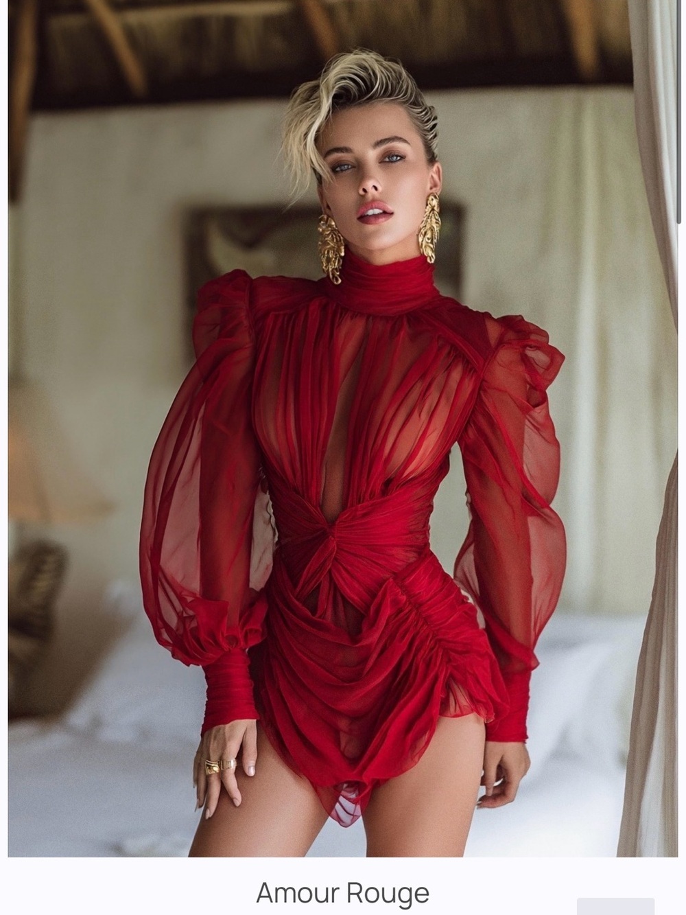 Sheer Red High-Neck Puff-Sleeve Mini Dress